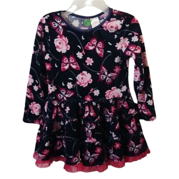 Navy Blue Velvet with Butterlies and Roses Girls Dress.     Kdm2 - Picture 1 of 6